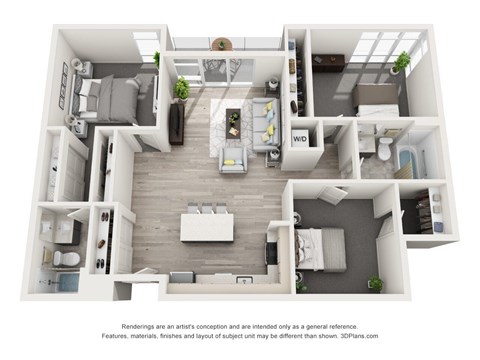 Floor plan for 3 beds, 2 baths, 1278 sqft